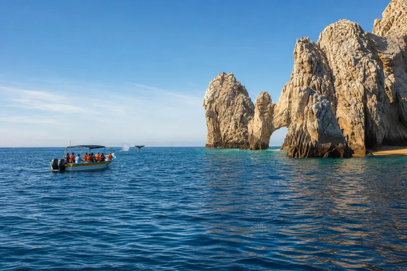 Tour boat near El Arco with a whale spout off the Los Cabos coast