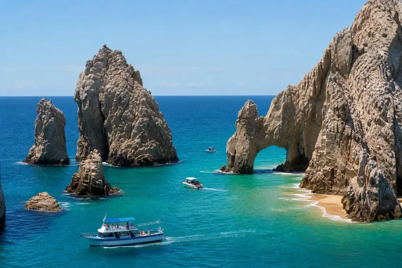 El Arco and turquoise water off Cabo San Lucas during sunny July weather