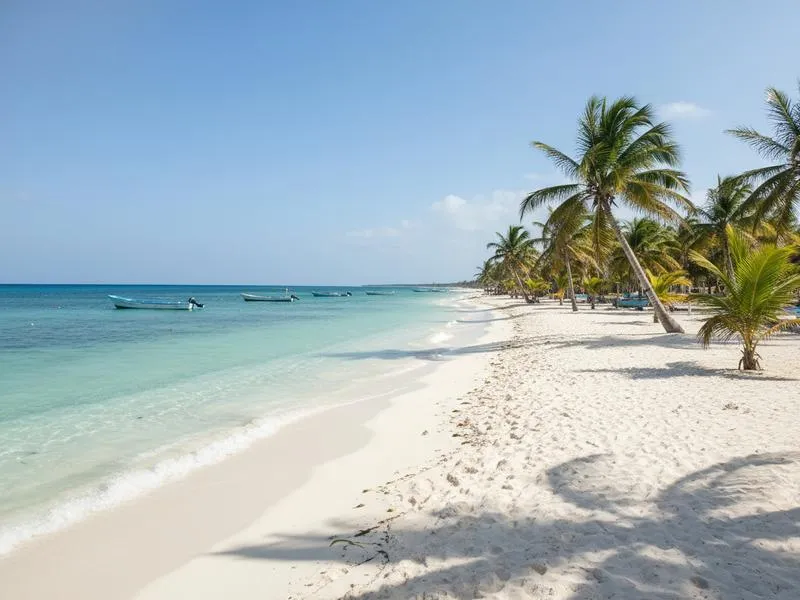 Coconut palm trees lining a quiet Gulf of Mexico beach in Campeche Mexico with calm waters and clear sky