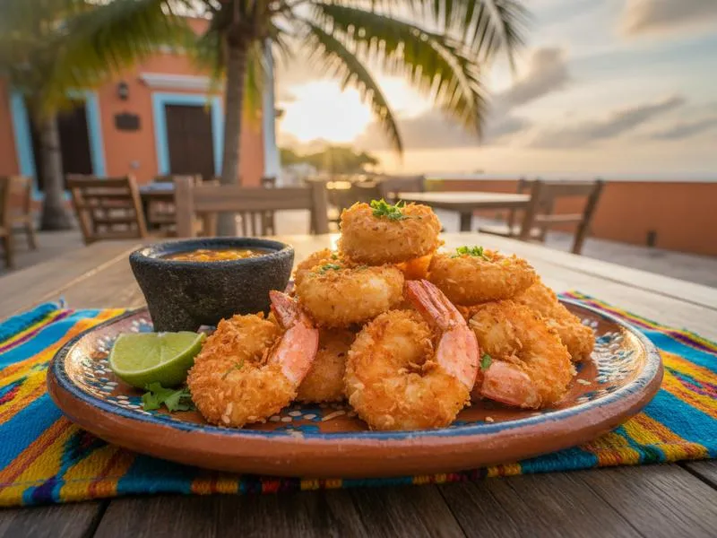 Golden coconut shrimp on a plate with dipping sauce and lime at a Campeche restaurant