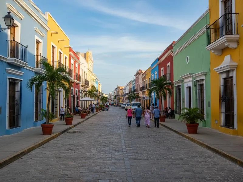Colorful Campeche street during a sunny February dry-season city trip