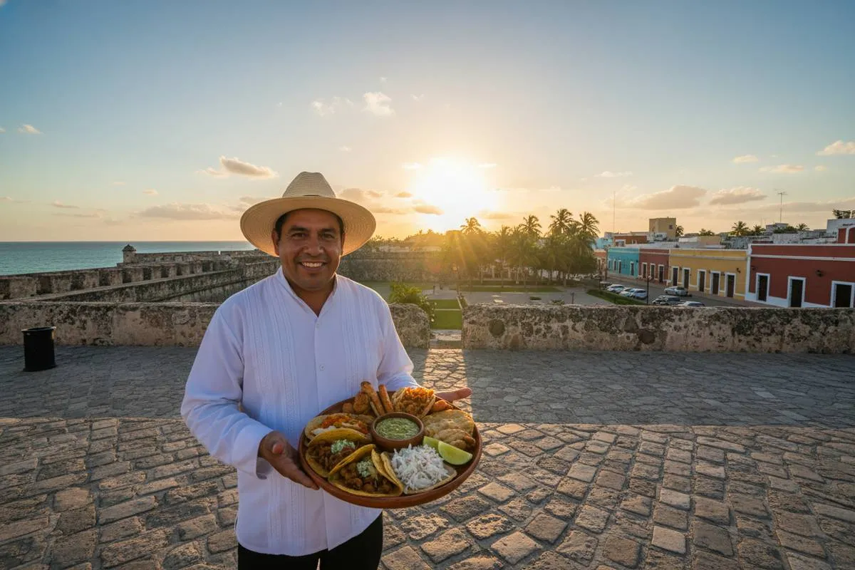 A smiling man in a white shirt and straw hat holds a platter of food on a stone terrace at sunset with the sea and colorful buildings behind him