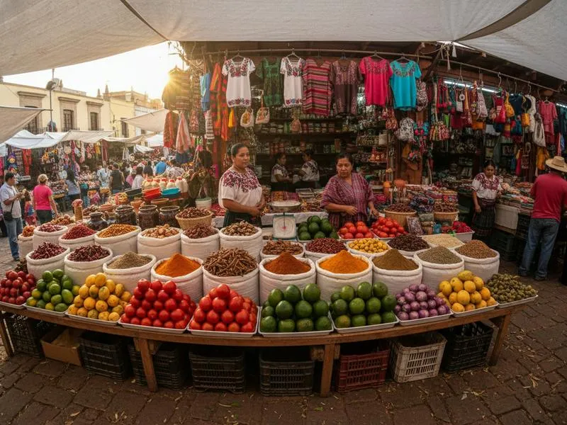 Outdoor market stall with spices, tomatoes, limes, avocados, and hanging clothing.