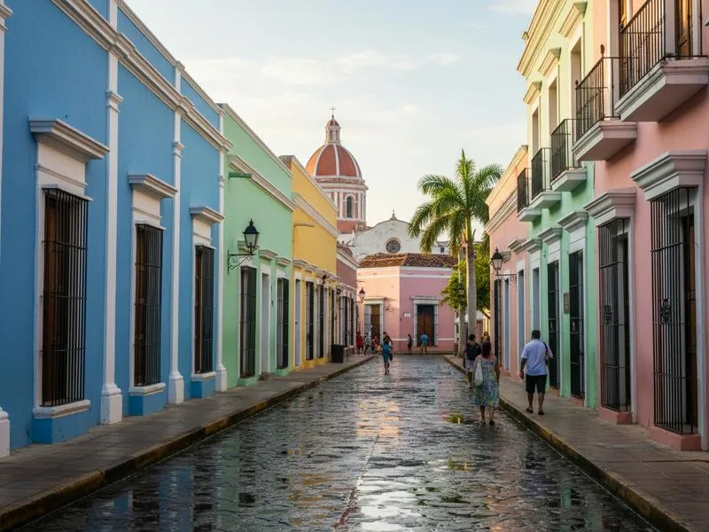 Campeche walled city with pastel colored colonial buildings and blue sky