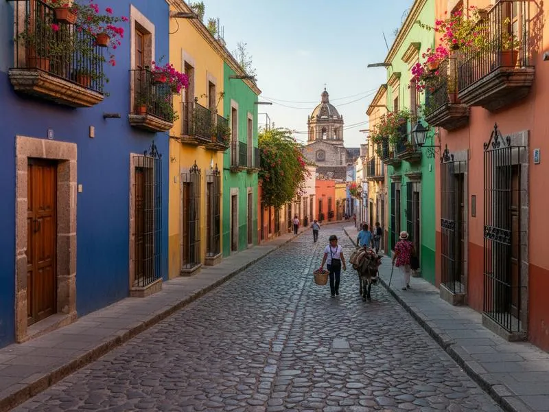 Colorful cobblestone street with balconies, pedestrians, donkey, and church in distance.