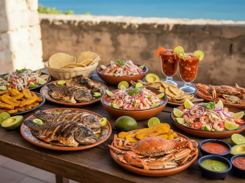 Table covered with grilled fish, ceviche, crabs, plantains, chips, and drinks.