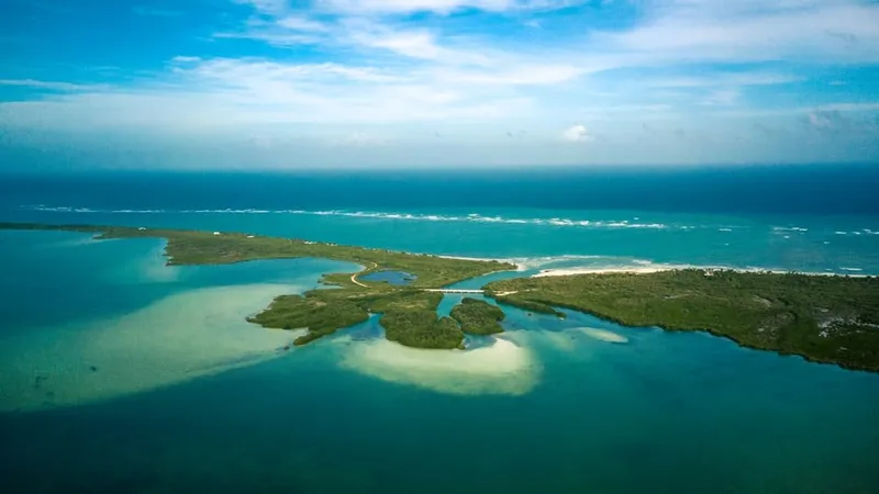 Aerial view of Boca Paila beach and turquoise Caribbean water near Tulum