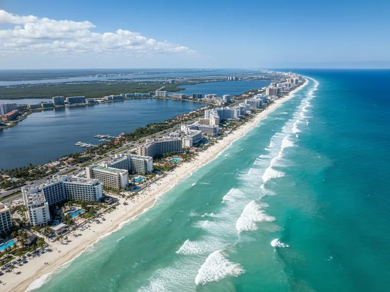 Aerial view of Cancun Hotel Zone showing the narrow barrier island strip with Caribbean Sea on one side and Nichupté Lagoon on the other, hotels lining the coastline