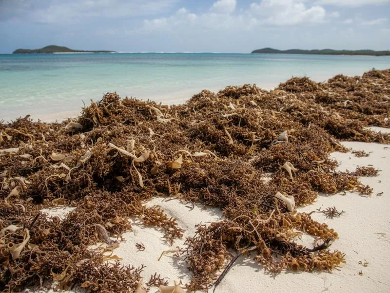 Sargassum seaweed on Cancun beach with clear water beyond in May