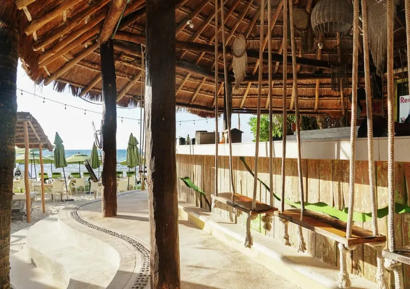 Beach club in Playa del Carmen during hot April dry-season weather