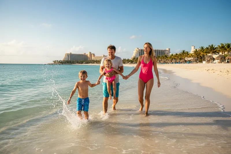 Family with two young children playing in the calm shallow turquoise Caribbean water at a Cancun beach, Hotel Zone luxury resorts and hotels visible along the coastline in the background