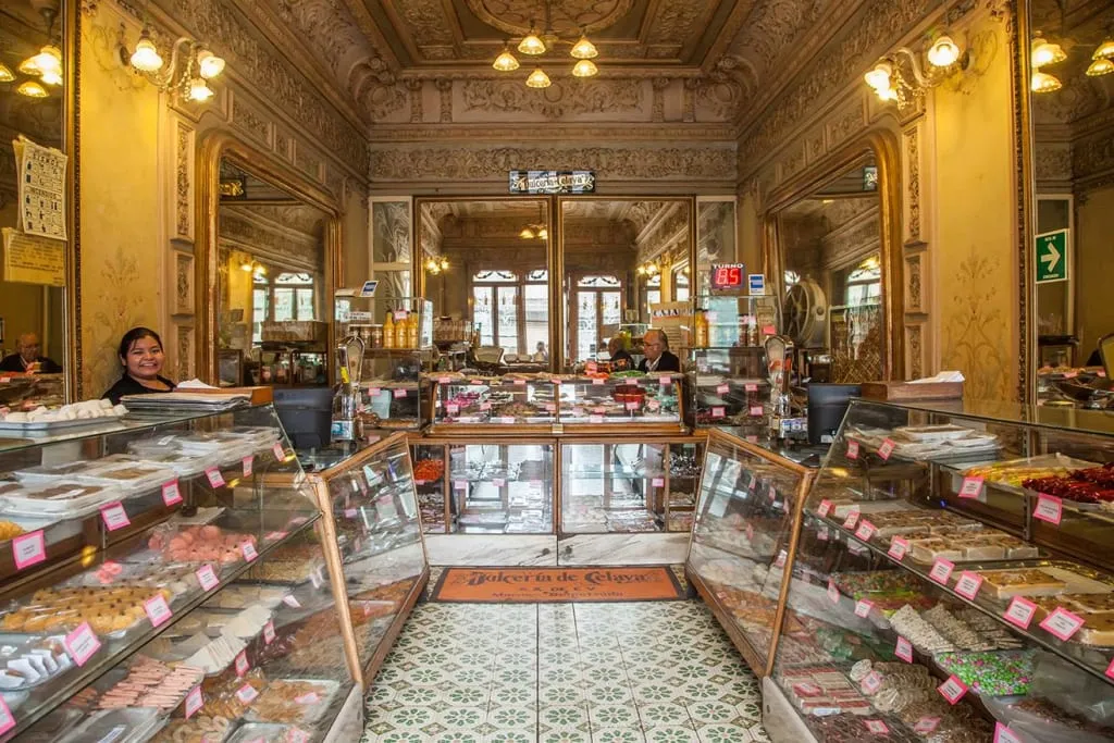 Wooden candy cases inside Dulceria de Celaya in the historic center