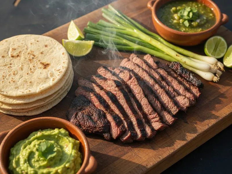 Carne asada grilling over charcoal in northern Mexico — Chihuahua's signature food culture with beef the foundation of every meal