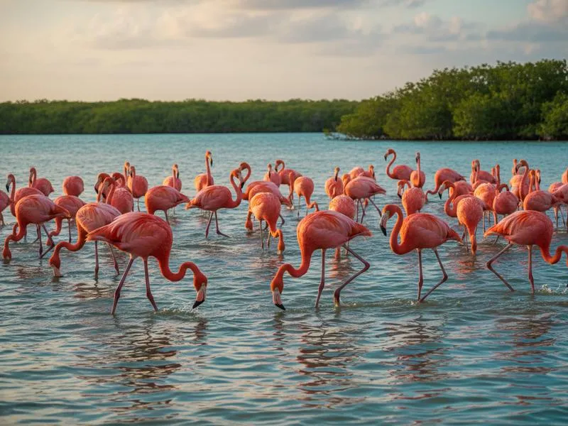 Large flock of pink flamingos standing in shallow waters of Celestun lagoon