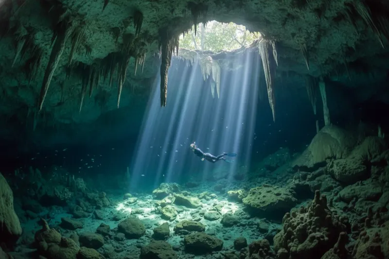 Cenote Dos Ojos cave system near Tulum — two cenotes connected by 300km of mapped underground passages, with sunbeams penetrating the crystal-clear water