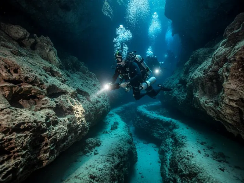 Scuba diver exploring an underwater cave system in a cenote, with light beams penetrating the crystal-clear water and stalactite formations visible