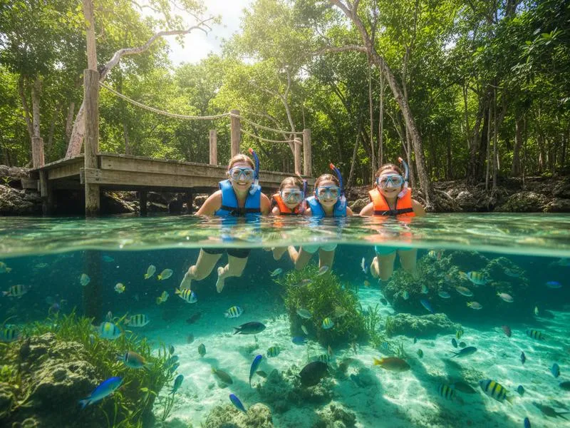 Family snorkeling in a cenote with clear turquoise water, wooden platforms at the edge, children and adults enjoying the swim