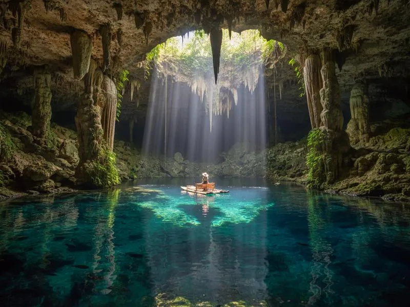 Cenote Suytun near Valladolid in November with clear water and overhead light