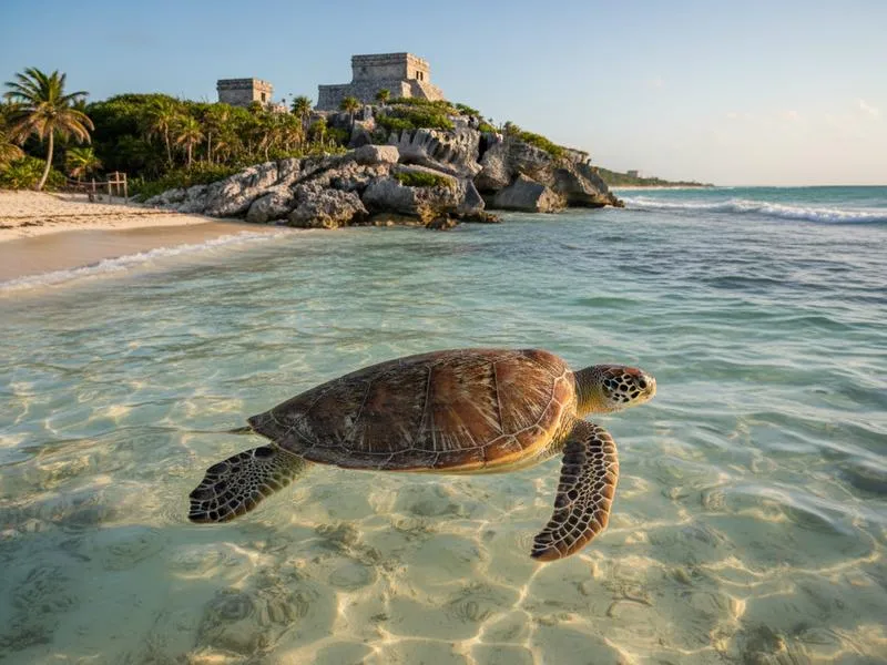 Freshwater turtle swimming in the crystal-clear waters of Gran Cenote near Tulum, with snorkelers visible in the background