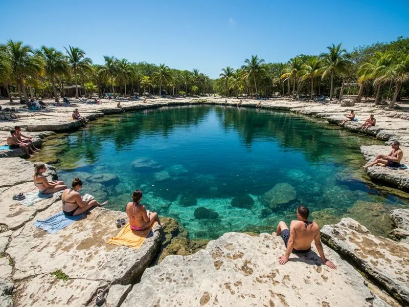 Open cenote near Playa del Carmen with lush jungle vegetation surrounding the circular pool, vines trailing down toward the turquoise water