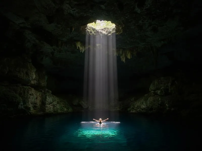 Cenote Suytun with a dramatic beam of sunlight piercing through the cave ceiling onto a stone platform over turquoise water