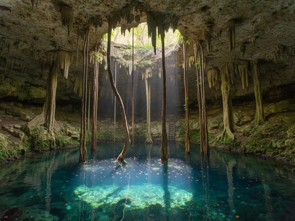Underground cave cenote at Cuzamá Yucatan, accessible by horse-drawn cart on old railway tracks