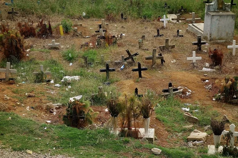 Hilltop cemetery at San Juan Chamula with colorful grave offerings during Holy Week rituals