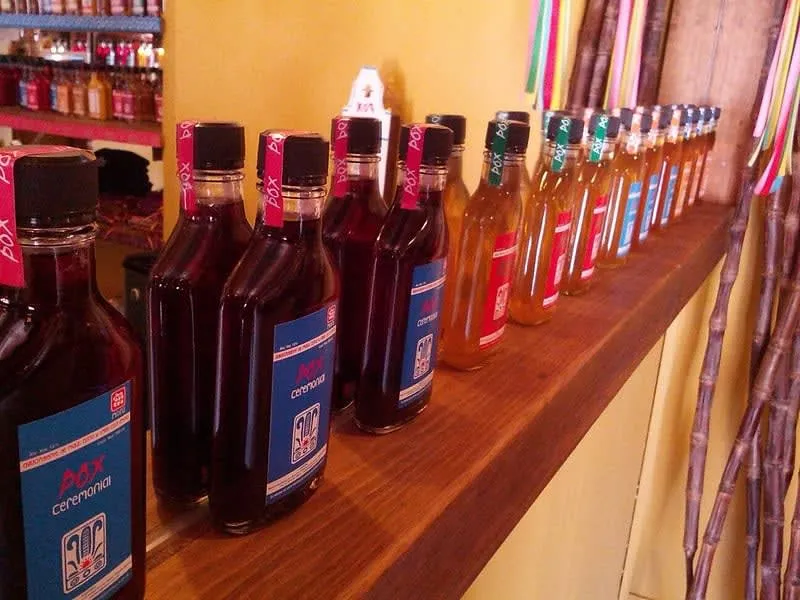 Bottles of pox — the traditional Tzotzil fermented corn and sugar cane drink used in healing ceremonies in San Juan Chamula
