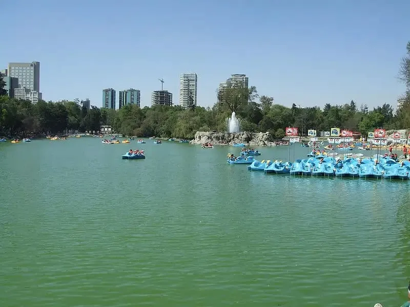 Rowboats and walking paths around Chapultepec Lake in Mexico City