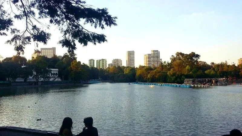 Chapultepec Lake with trees and walking paths in Mexico City