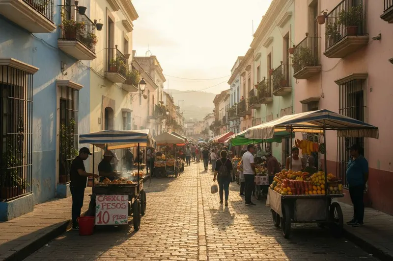 Colorful colonial street in a budget-friendly Mexican town with local food vendors