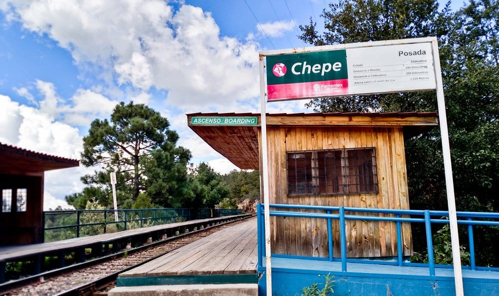 Chihuahua train station platform where El Chepe departs, historic station building in background