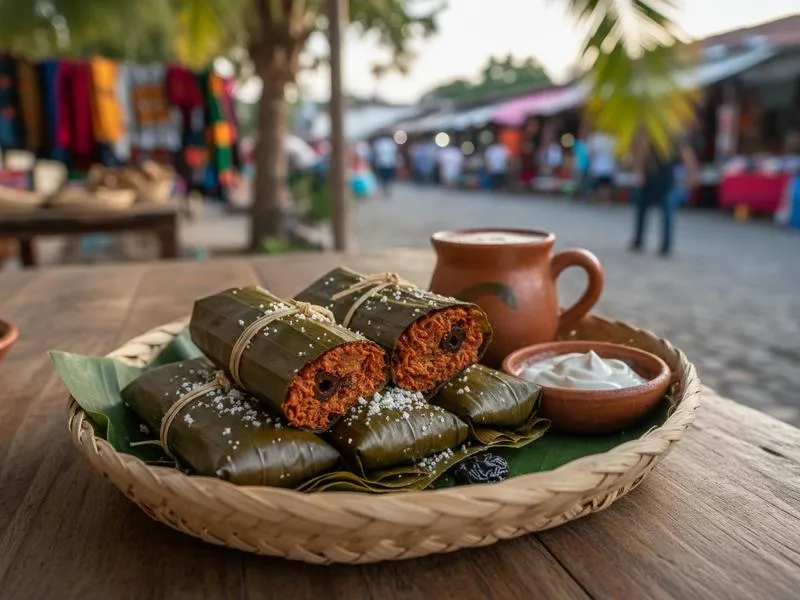 Traditional Chiapas tamales de bola wrapped in corn husks alongside salsa and coffee at Mercado José Castillo Tielemans