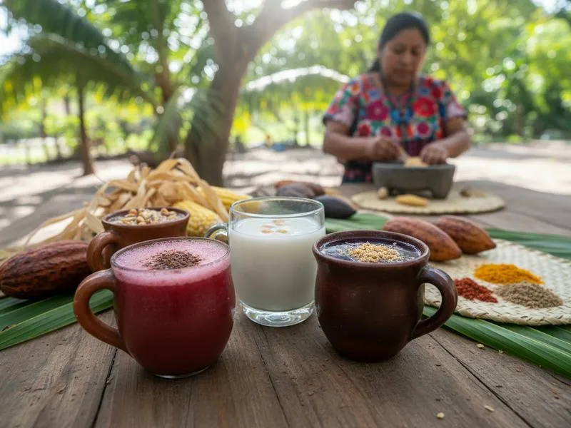 Traditional Chiapas drinks including pozol, tascalate in a clay cup, and pox spirit bottles at a San Cristóbal market stall