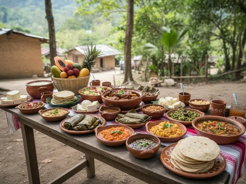 Traditional Chiapas meal spread with tamales, salsas, beans, and local specialties including cochito horneado and regional chiles