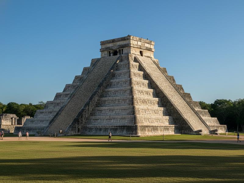 El Castillo pyramid staircase detail — Chichen Itza early morning before crowds arrive from Cancun tours