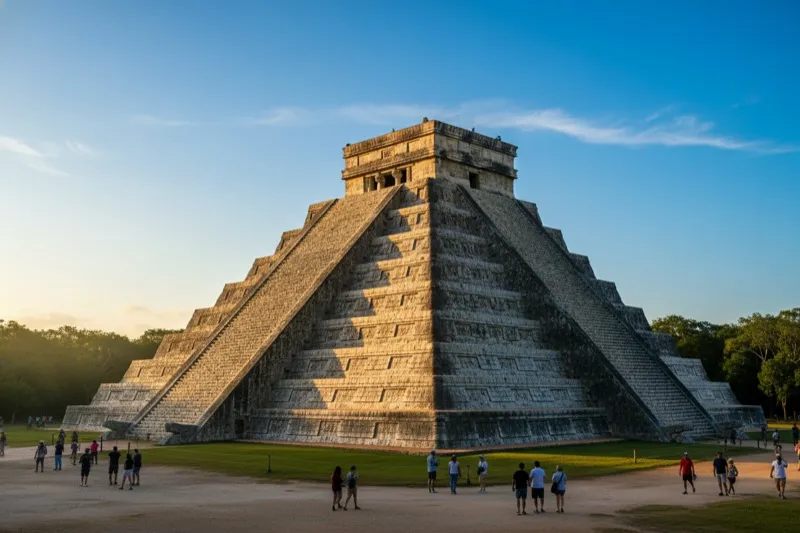 El Castillo pyramid at Chichen Itza during early morning light with almost no visitors — the 365-step Maya solar calendar built in stone