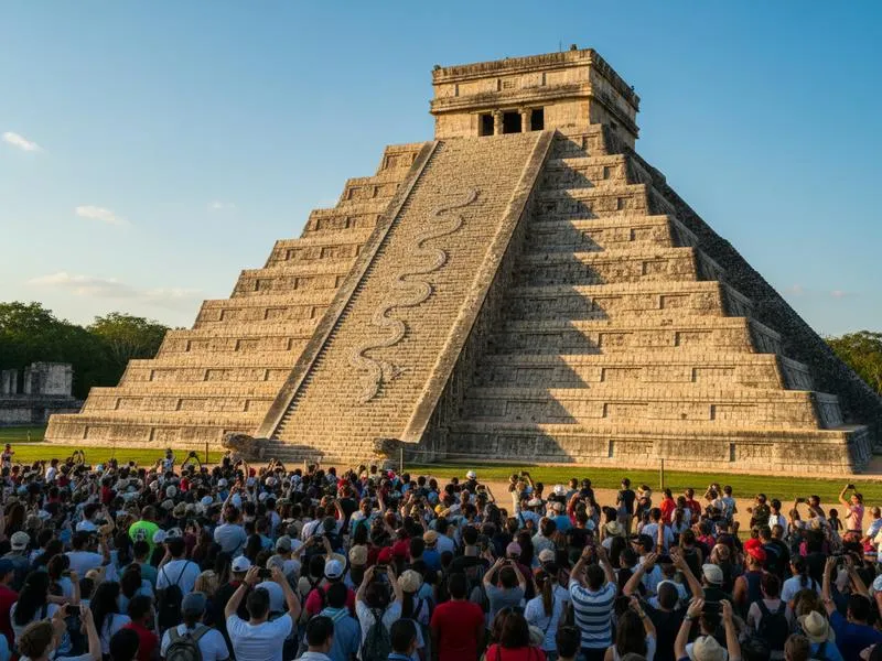 Chichen Itza pyramid during the spring equinox with the serpent shadow visible on the staircase
