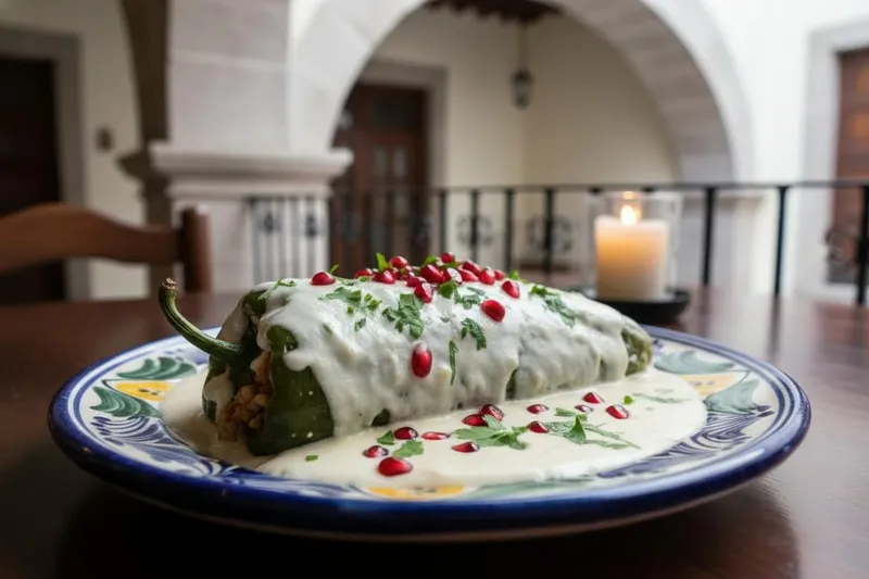 Chiles en nogada served in Puebla with Talavera tableware and pomegranate garnish