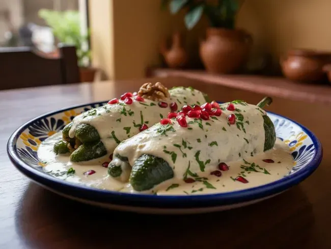 Chiles en nogada served at a Puebla restaurant — poblano chile stuffed with picadillo, covered in walnut cream sauce, garnished with pomegranate seeds and parsley — Mexico's most patriotic dish