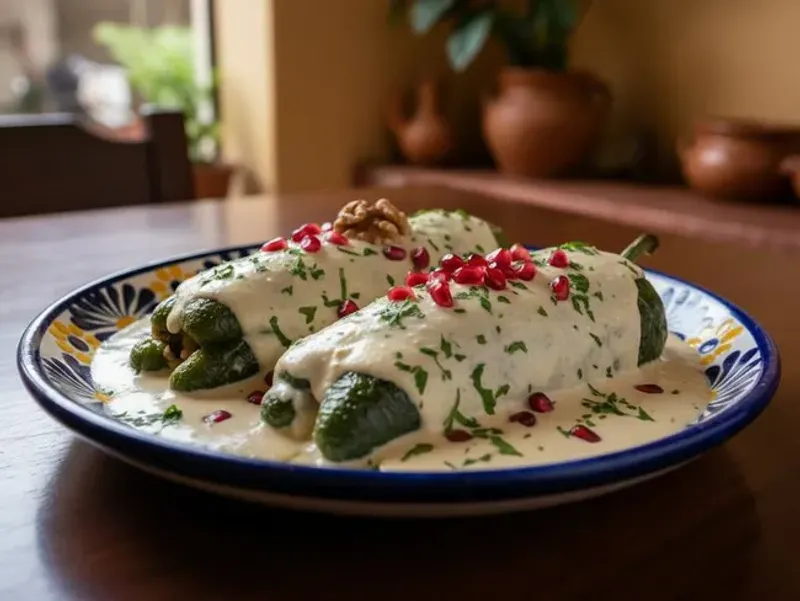 Chiles en nogada plate with walnut sauce and pomegranate seeds