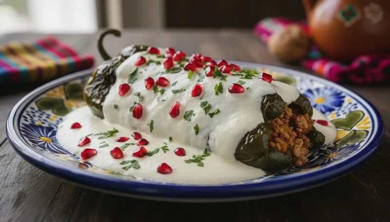 Chiles en nogada — Puebla's seasonal masterpiece with walnut cream, pomegranate, and the colors of the Mexican flag