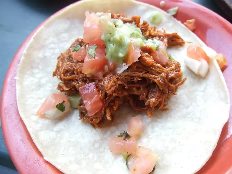 Shredded pork taco topped with diced tomato and green salsa on a plate