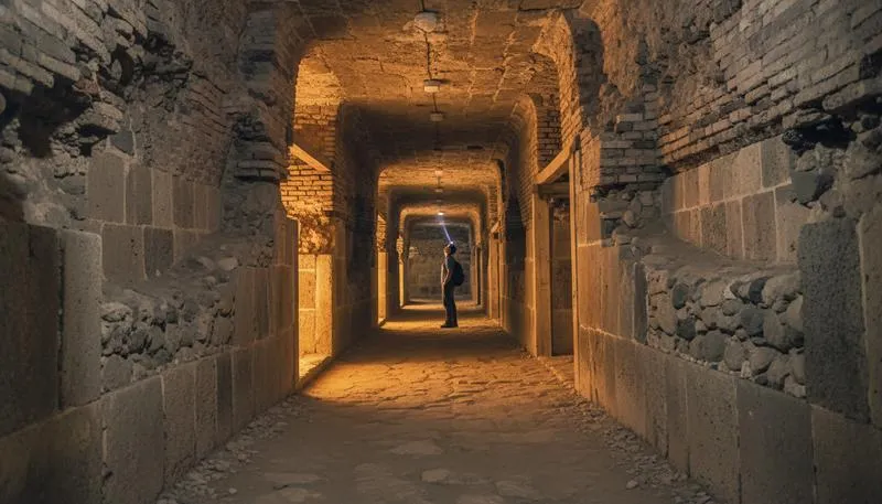 Cholula Great Pyramid tunnel entrance in Puebla, Mexico — 8 km of excavated tunnels through the largest pyramid by volume in the world, with the colonial church on top