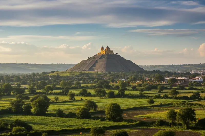 Yellow church above Cholula's pyramid with green Puebla Valley slopes
