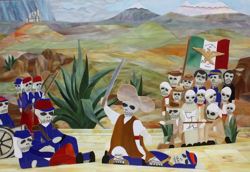 Painting of skeleton soldiers and figures with flags, swords, and a mountainous landscape.