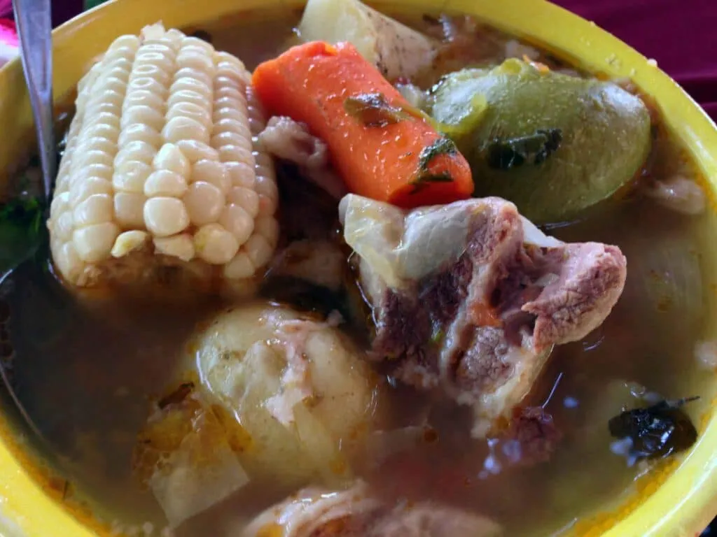 Bowl of wakabaki — the traditional Yaqui beef soup with chickpeas and vegetables unique to Ciudad Obregón