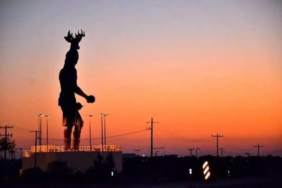 Close-up of the 30-meter Yaqui Deer Dance sculpture in synthetic bronze at the highway tourist stop