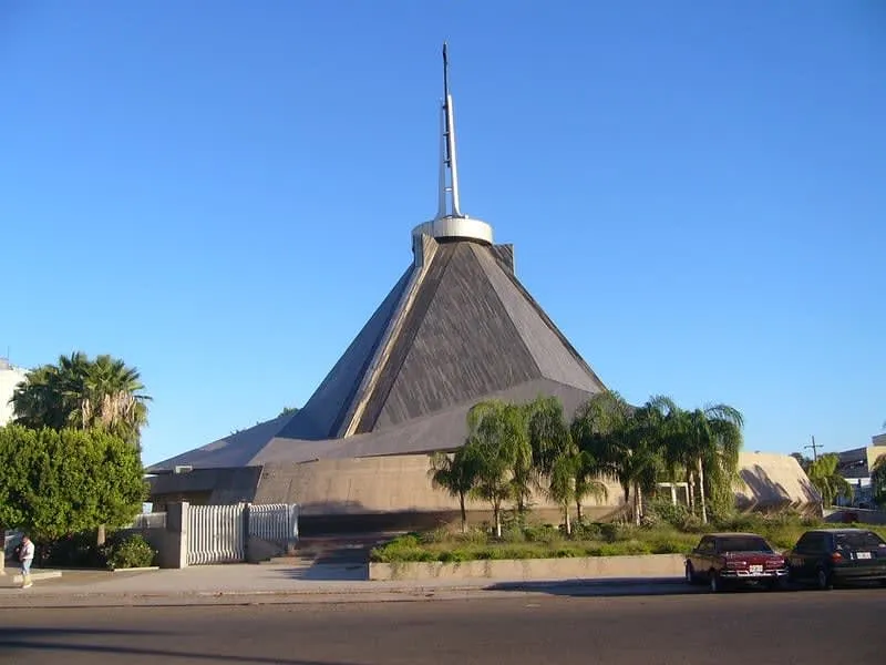 Modernist Cathedral of the Sacred Heart of Jesus with its distinctive prism-shaped roof in Ciudad Obregón