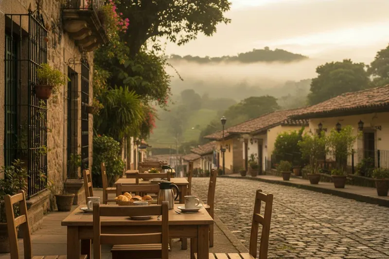 Leafy street in Coatepec with colonial facades and coffee-country hills in Veracruz